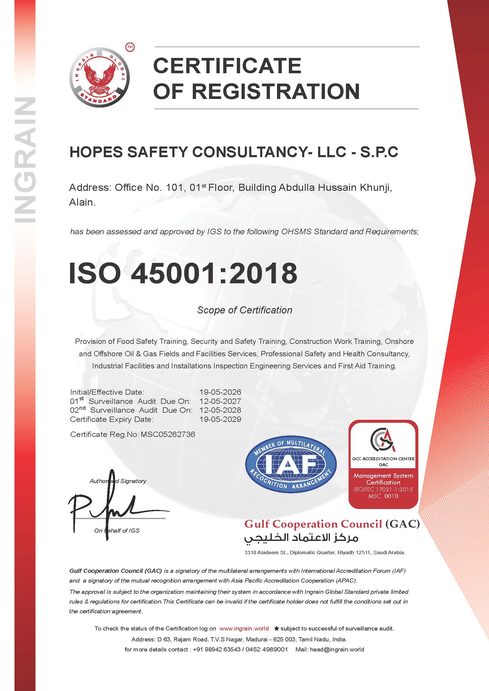 ISO 45001 2018 Occupational Health and Safety Management System certificate for Hopes Safety Consultancy LLC SPC UAE