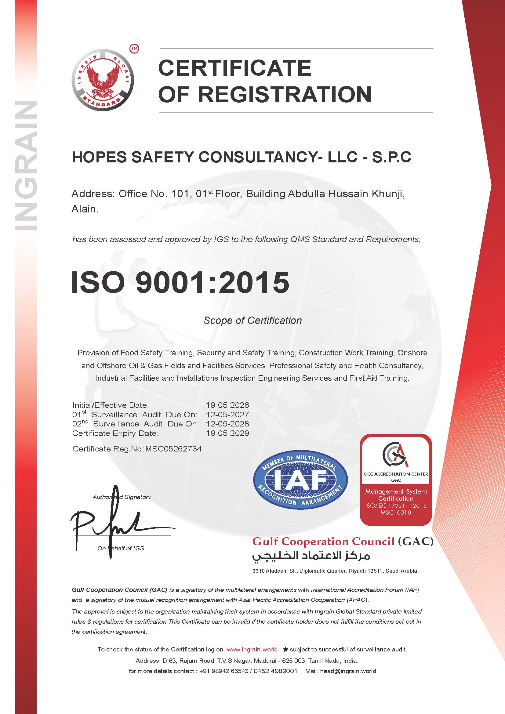 ISO 9001 2015 Quality Management System certificate for Hopes Safety Consultancy LLC SPC UAE